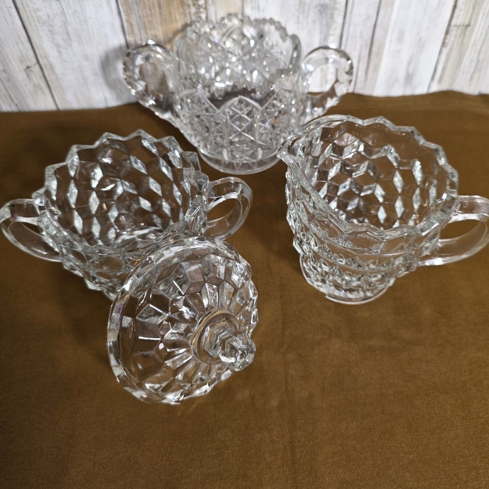 Vintage Fostoria American Clear Glass Creamer and Sugar Bowl Set Diamond Point - Picture 8 of 11